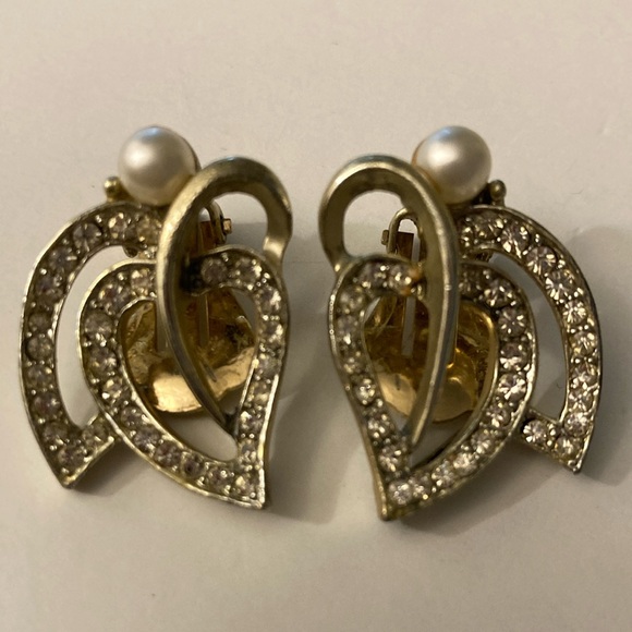 Vintage Marboux clip on earrings goldtone with rhinestones and pearls signed - Picture 1 of 11